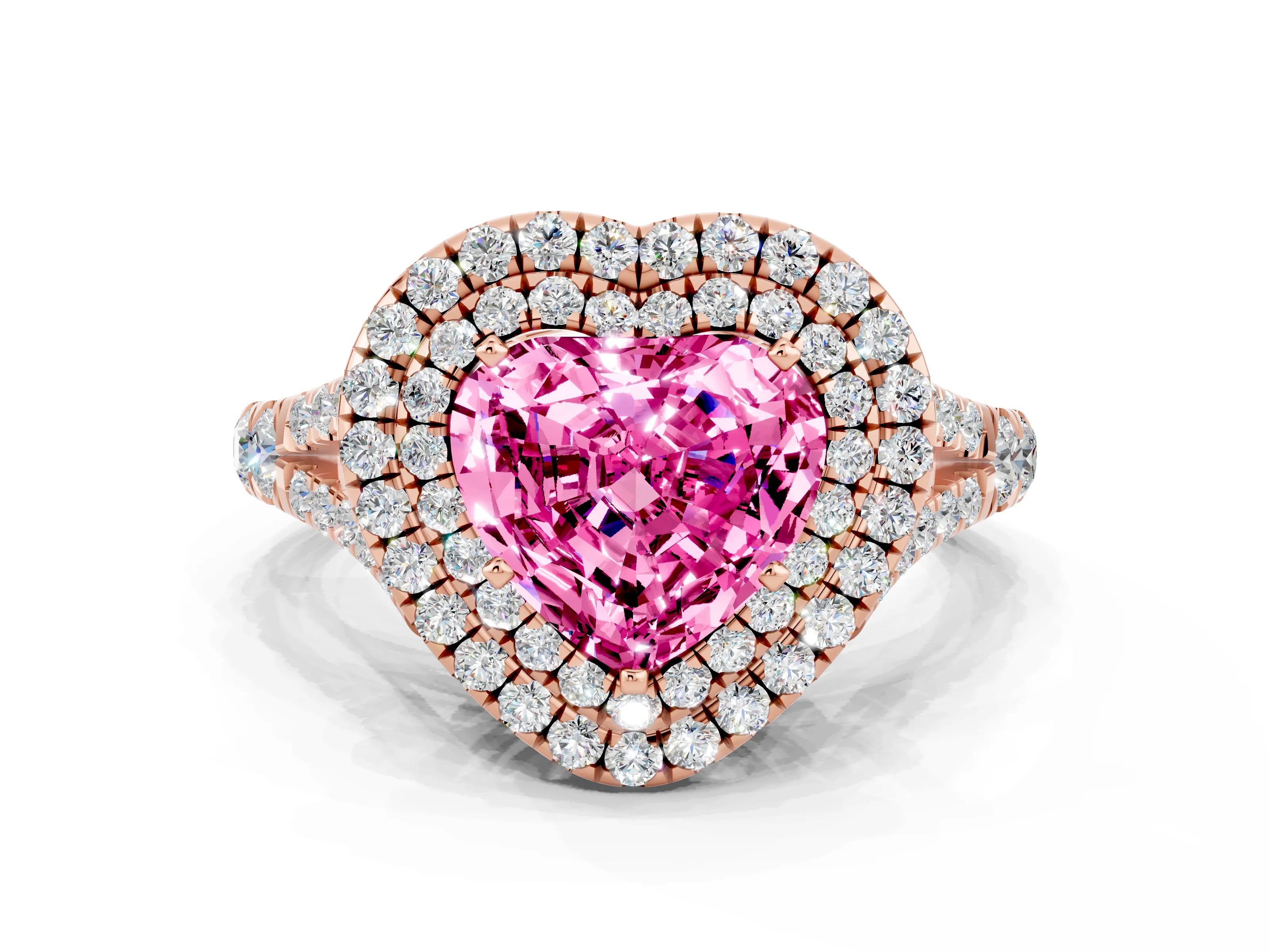 Rose gold Heart Cut Pink Sapphire Pavé Split Shank Double Halo Engagement Ring