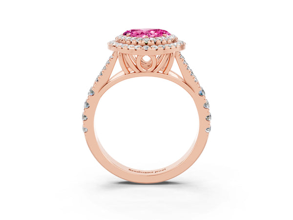 Rose gold Heart Cut Pink Sapphire Pavé Split Shank Double Halo Engagement Ring