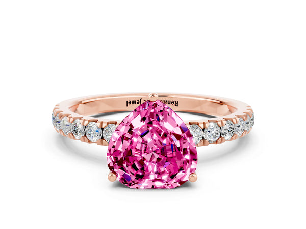 Rose gold Heart Cut Pink Sapphire Pave Band Solitaire Ring with Round  and Prong Setting