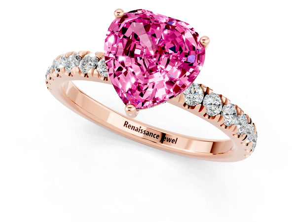 Rose gold Heart Cut Pink Sapphire Pave Band Solitaire Ring with Round  and Prong Setting