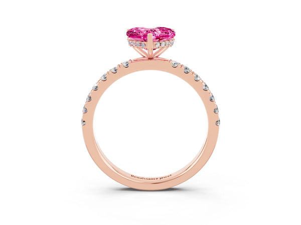 Rose gold Heart Cut Pink Sapphire Pave Band Solitaire Ring with Round  and Prong Setting