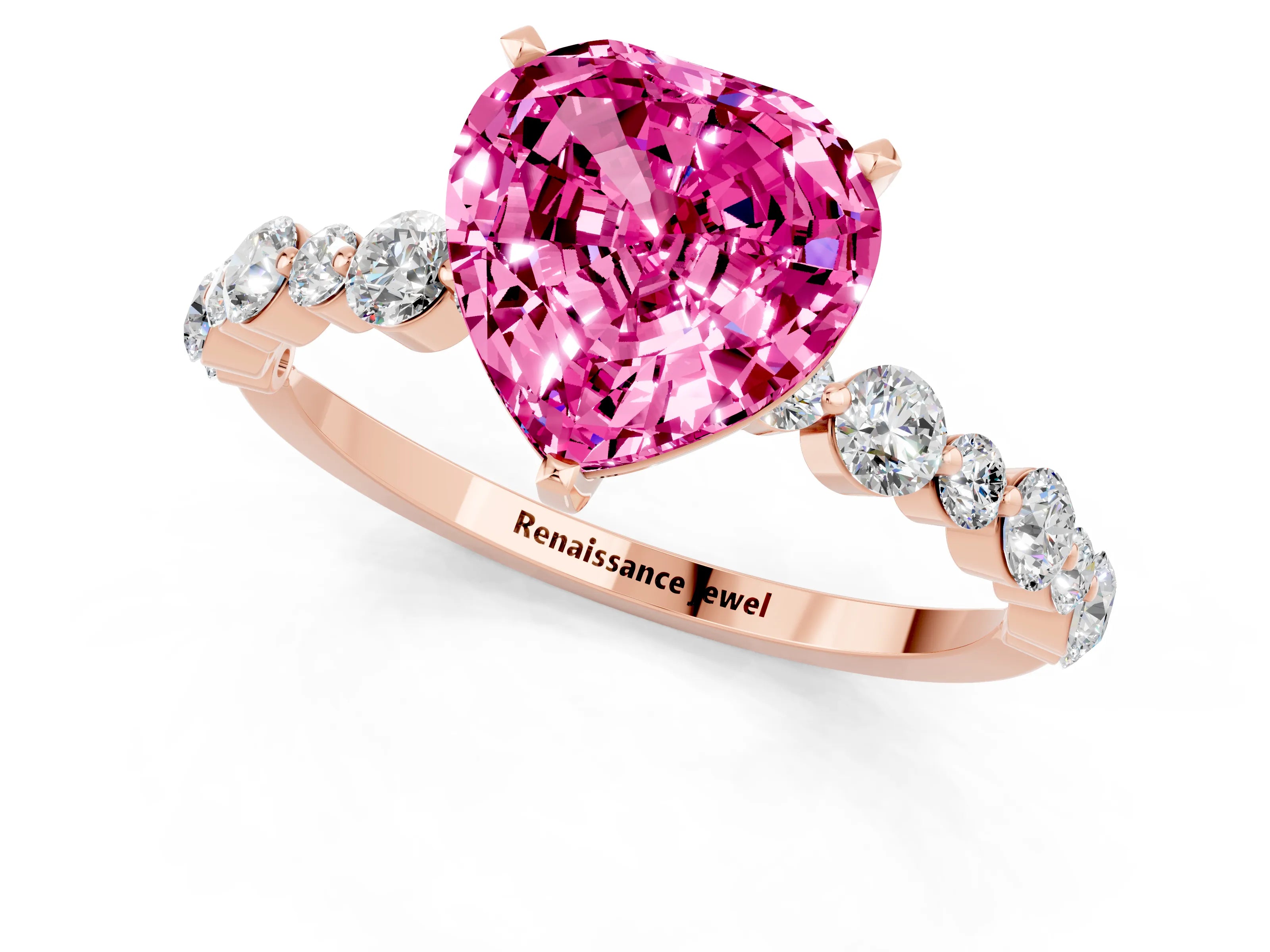Rose gold Heart Cut Pink Sapphire Prong Set Engagement Ring with Pavé Band_13