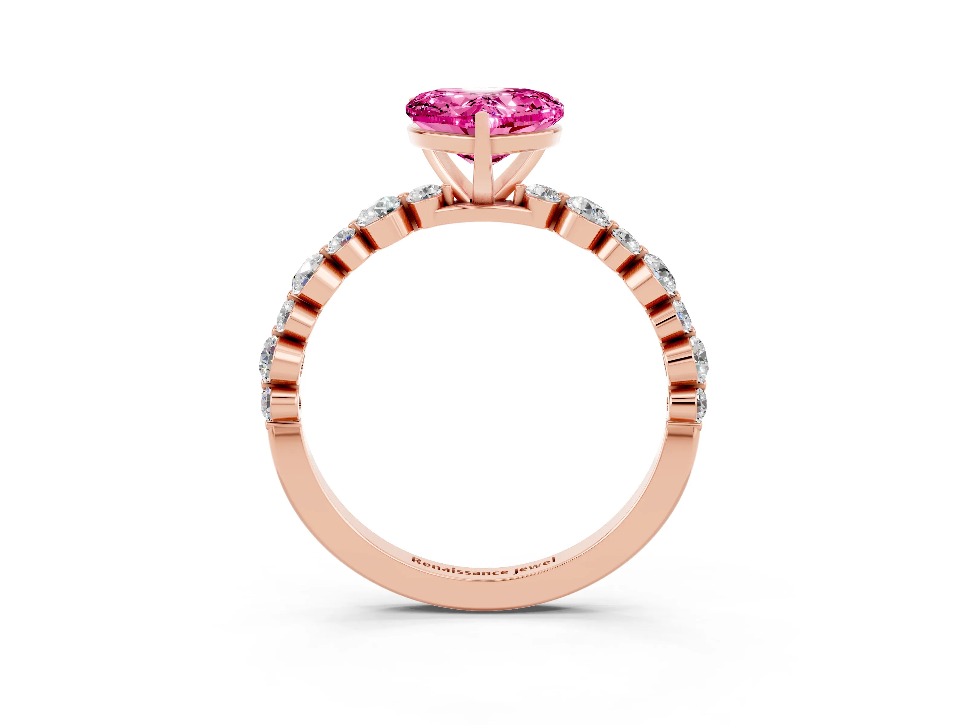 Rose gold Heart Cut Pink Sapphire Prong Set Engagement Ring with Pavé Band_15