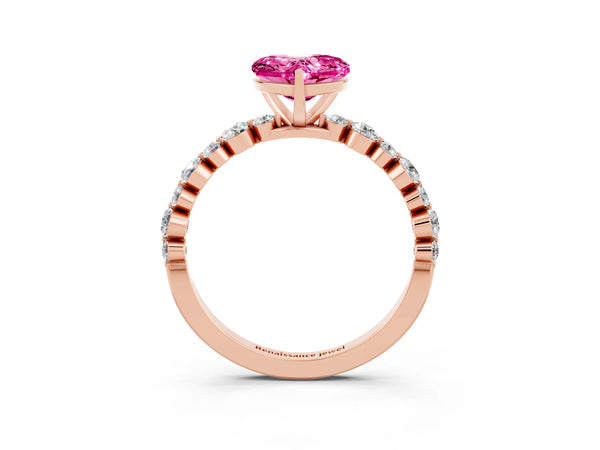 Rose gold Heart Cut Pink Sapphire Prong Set Engagement Ring with Pavé Band