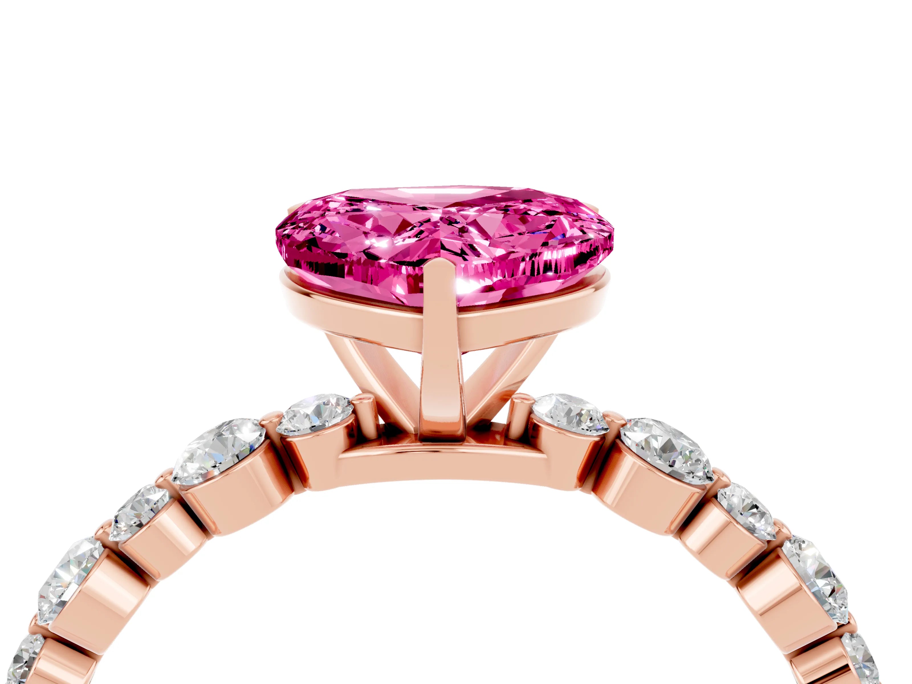 Rose gold Heart Cut Pink Sapphire Prong Set Engagement Ring with Pavé Band_16