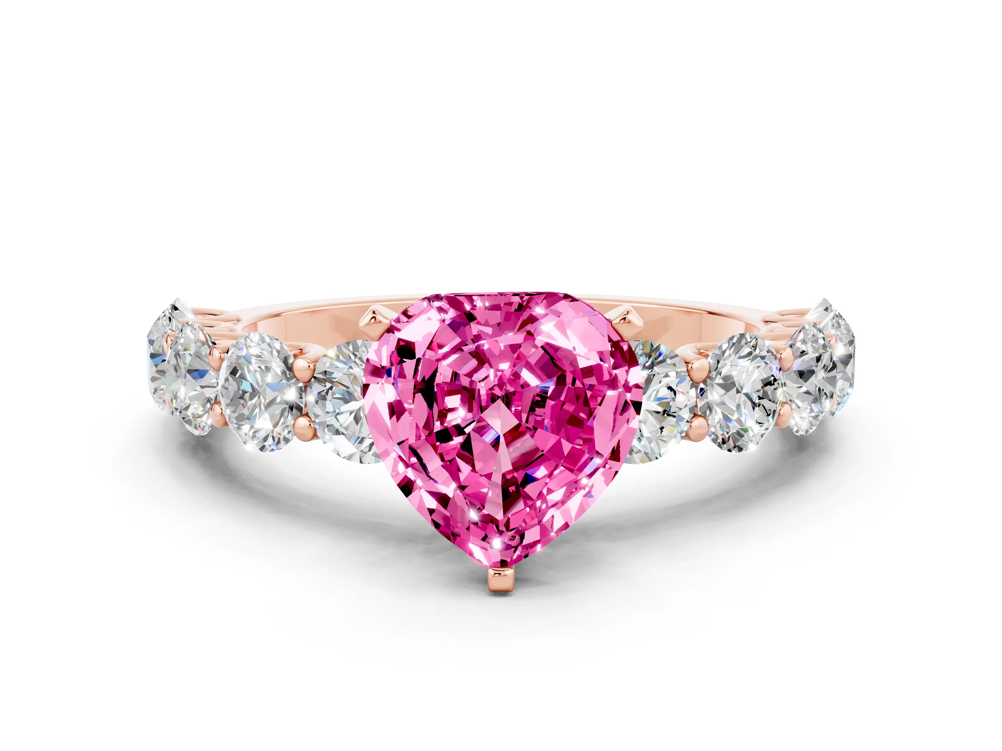 Rose gold Heart Cut Pink Sapphire Prong Setting with Side Stones on a Pave Band_24
