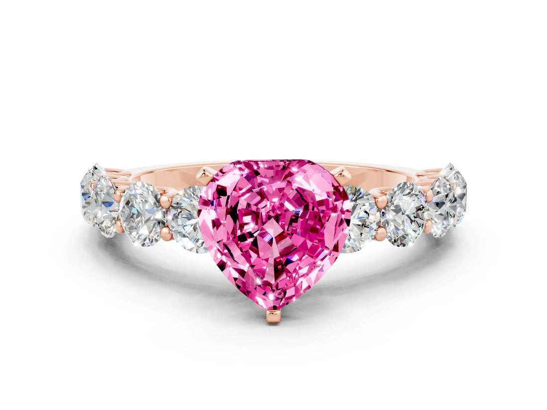Rose gold Heart Cut Pink Sapphire Prong Setting with Side Stones on a Pave Band_24