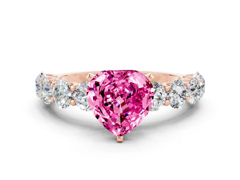 Rose gold Heart Cut Pink Sapphire Prong Setting with Side Stones on a Pave Band_24