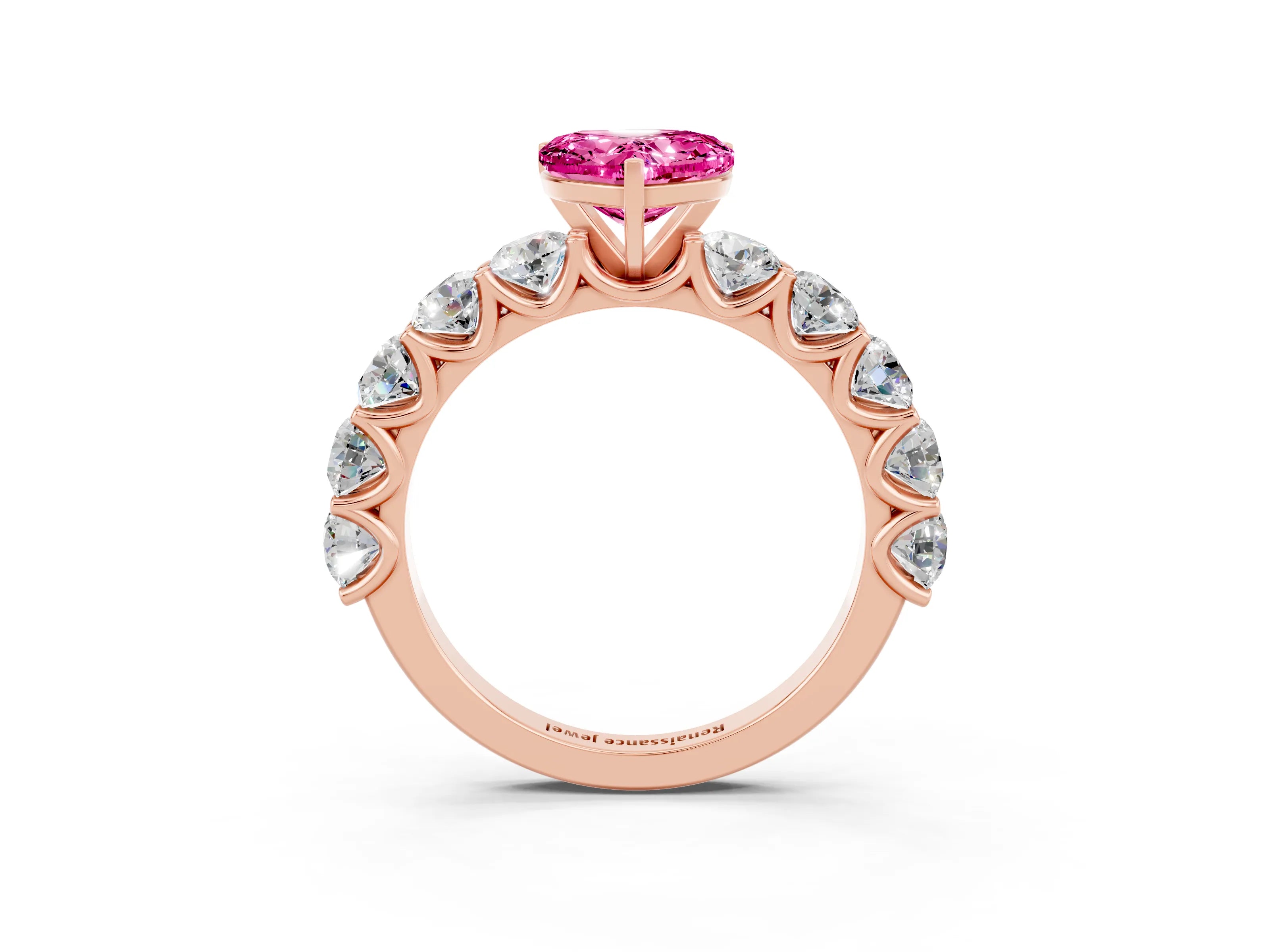 Rose gold Heart Cut Pink Sapphire Prong Setting with Side Stones on a Pave Band_27