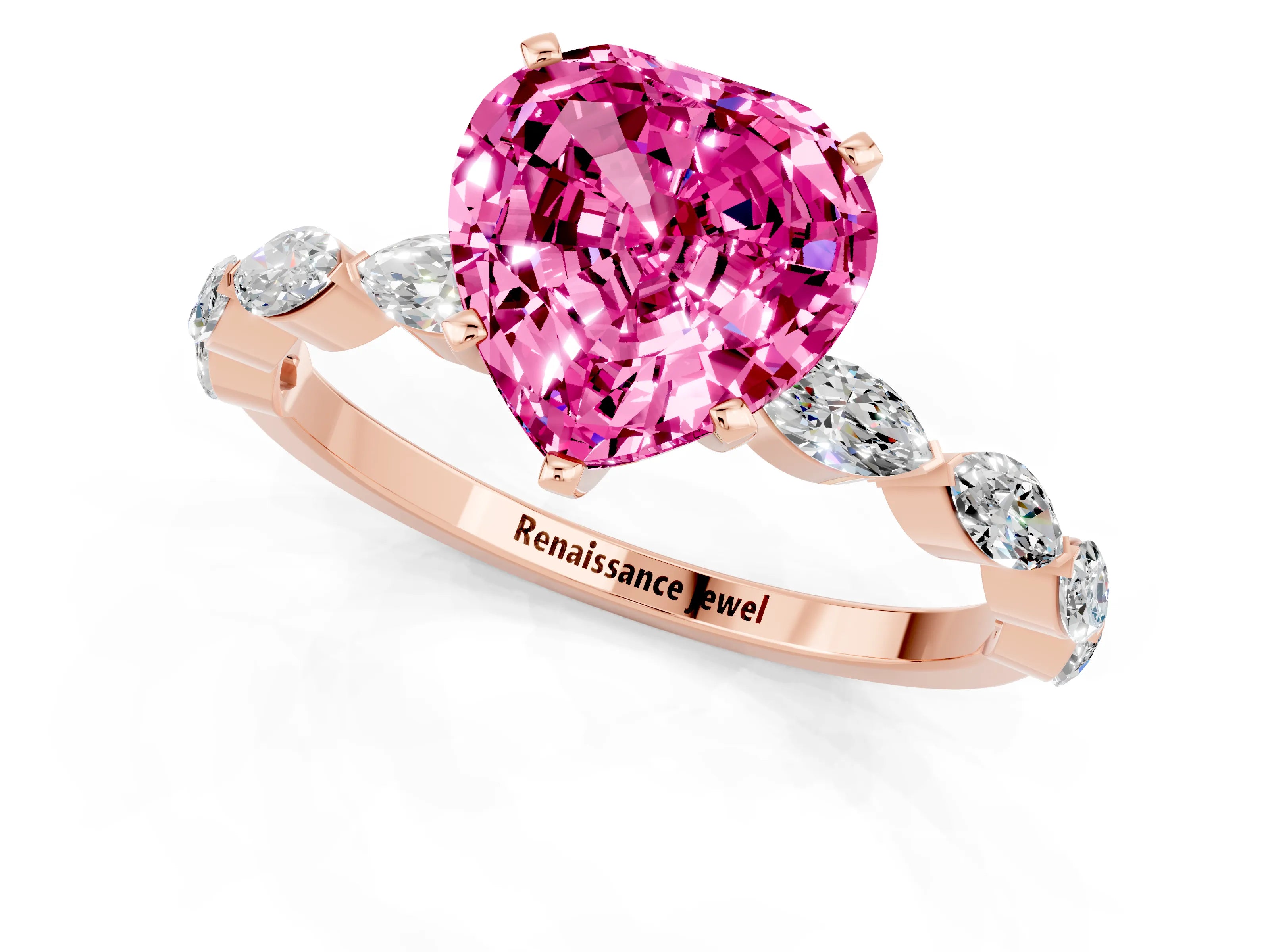 Rose gold Heart Cut Pink Sapphire Ring with Marquise Side Stones and Prong Setting_13