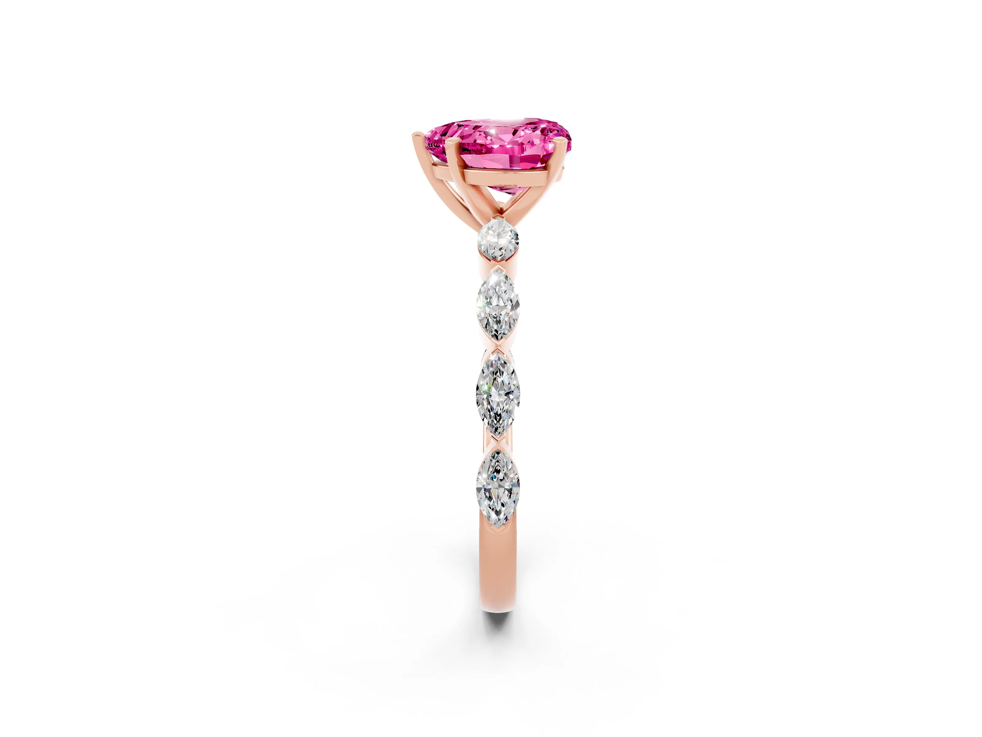 Rose gold Heart Cut Pink Sapphire Ring with Marquise Side Stones and Prong Setting_14