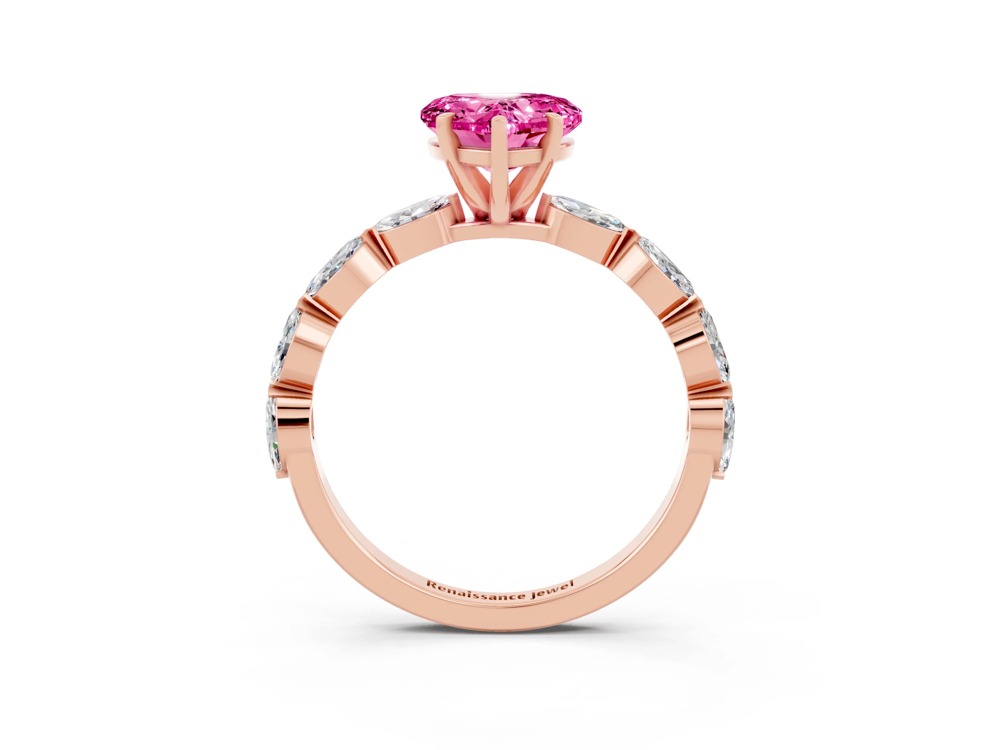 Rose gold Heart Cut Pink Sapphire Ring with Marquise Side Stones and Prong Setting_15