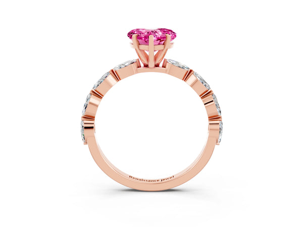 Rose gold Heart Cut Pink Sapphire Ring with Marquise Side Stones and Prong Setting