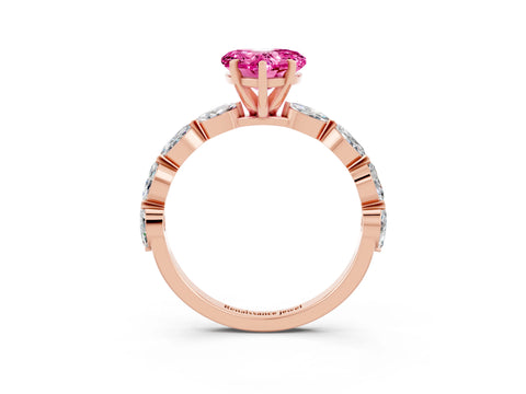 Rose gold Heart Cut Pink Sapphire Ring with Marquise Side Stones and Prong Setting_15