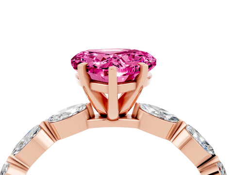 Rose gold Heart Cut Pink Sapphire Ring with Marquise Side Stones and Prong Setting_16