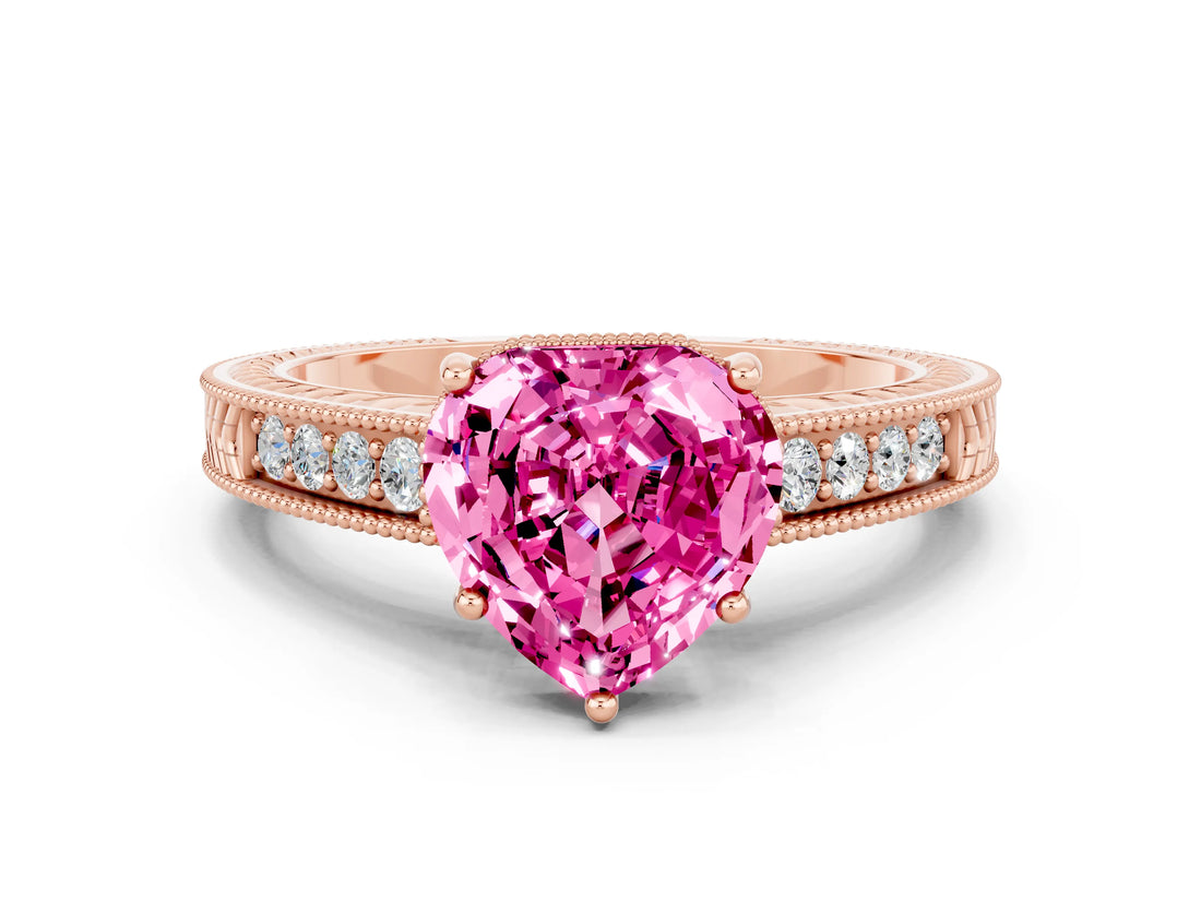 Rose gold Heart Cut Pink Sapphire Ring with Milgrain Pavé Band and Four-Prong Setting_36