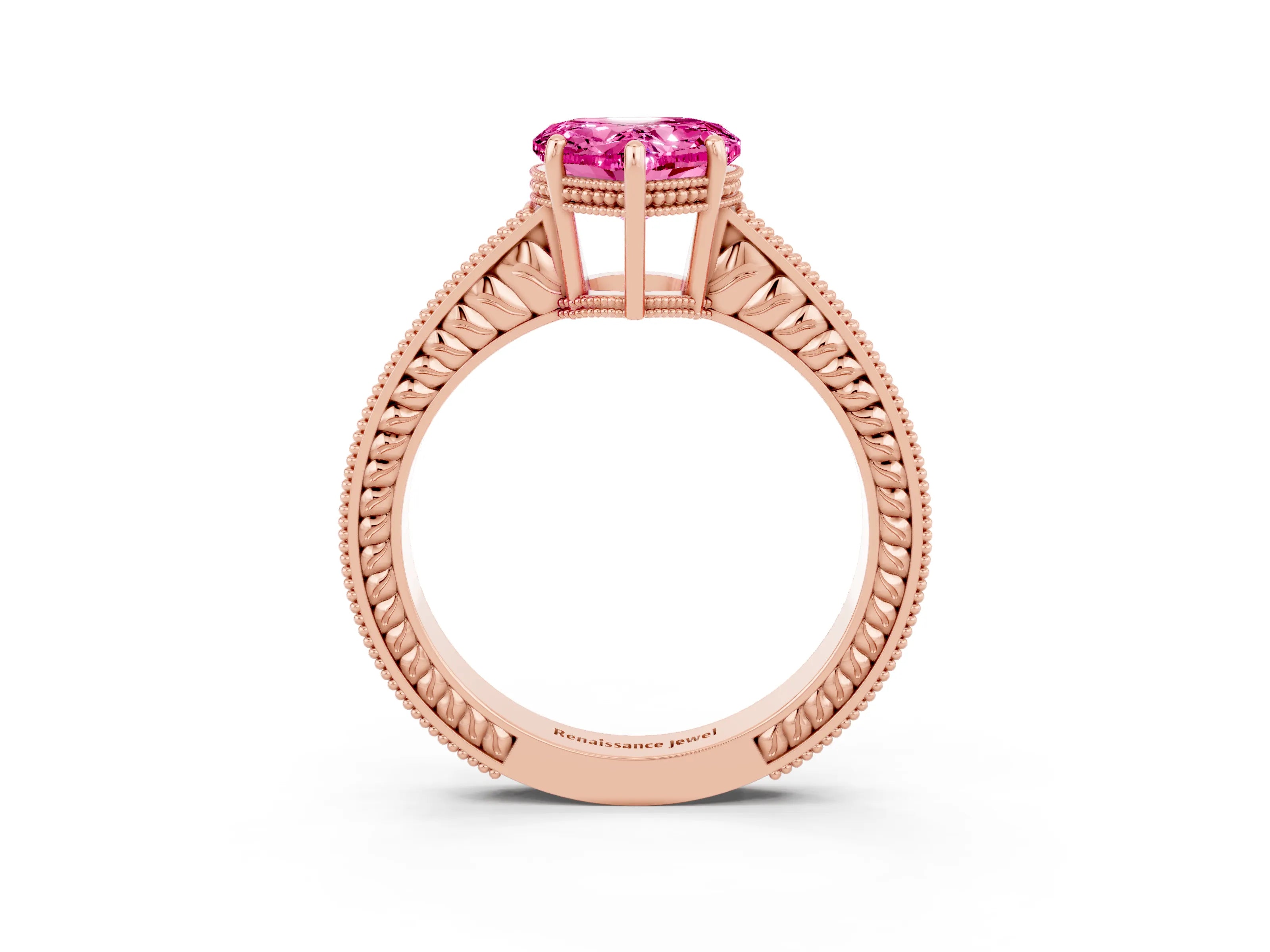 Rose gold Heart Cut Pink Sapphire Ring with Milgrain Pavé Band and Four-Prong Setting_39