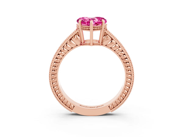 Rose gold Heart Cut Pink Sapphire Ring with Milgrain Pavé Band and Four-Prong Setting