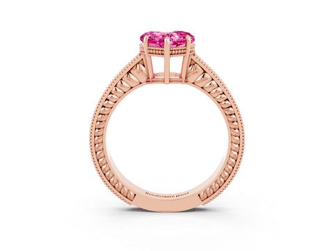 Rose gold Heart Cut Pink Sapphire Ring with Milgrain Pavé Band and Four-Prong Setting_39