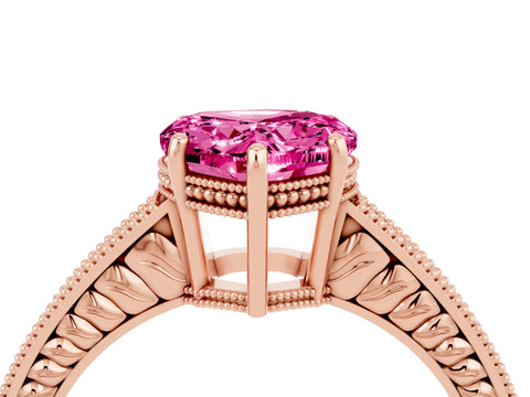 Rose gold Heart Cut Pink Sapphire Ring with Milgrain Pavé Band and Four-Prong Setting_40