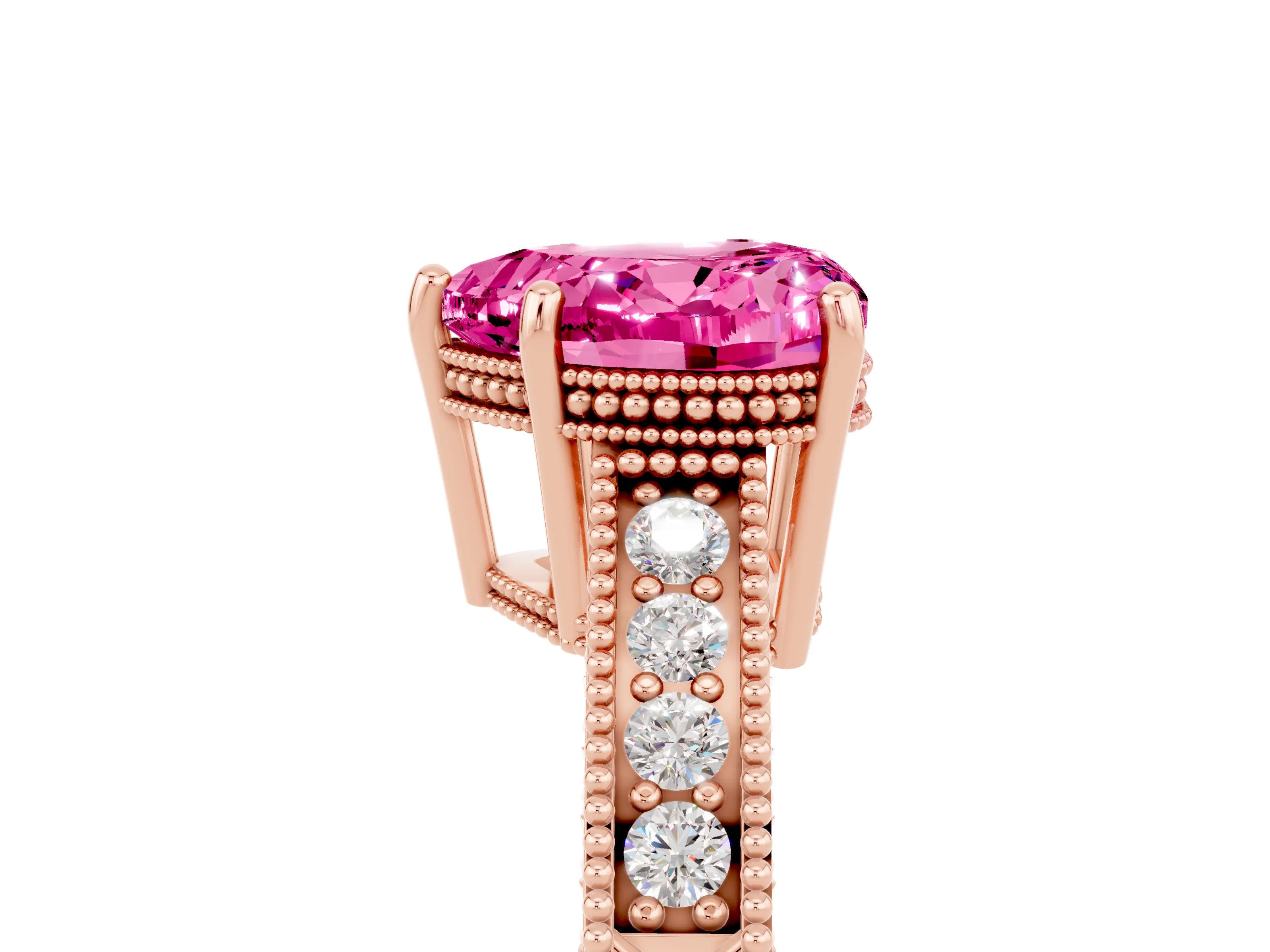Rose gold Heart Cut Pink Sapphire Ring with Milgrain Pavé Band and Four-Prong Setting_41
