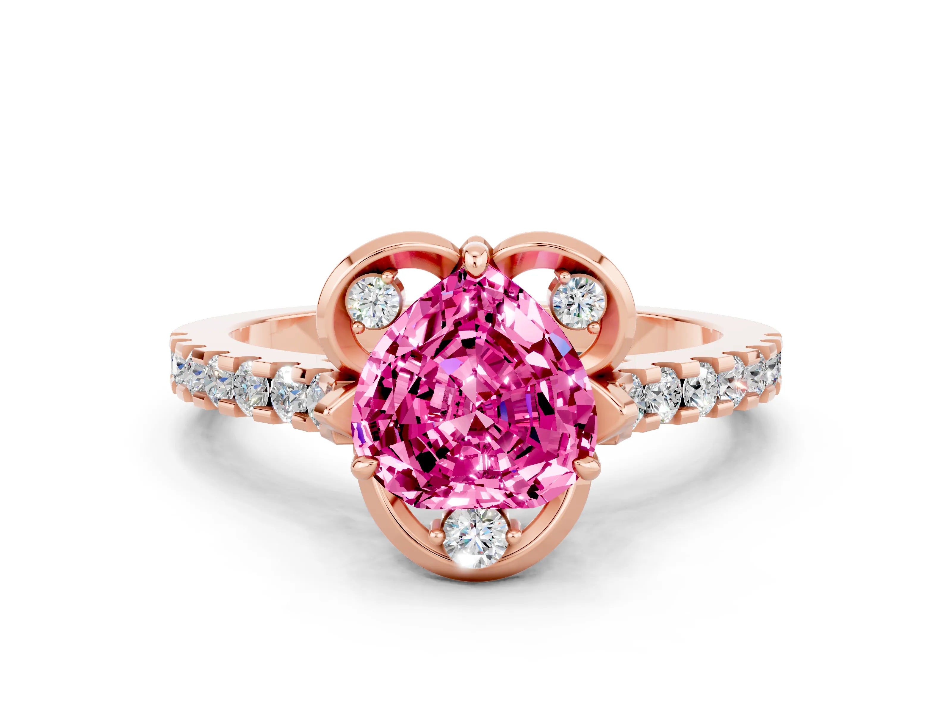 Rose gold Heart Cut Pink Sapphire Ring with Pavé Band and Floral Prong Setting