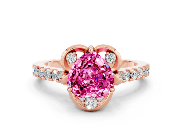 Rose gold Heart Cut Pink Sapphire Ring with Pavé Band and Floral Prong Setting