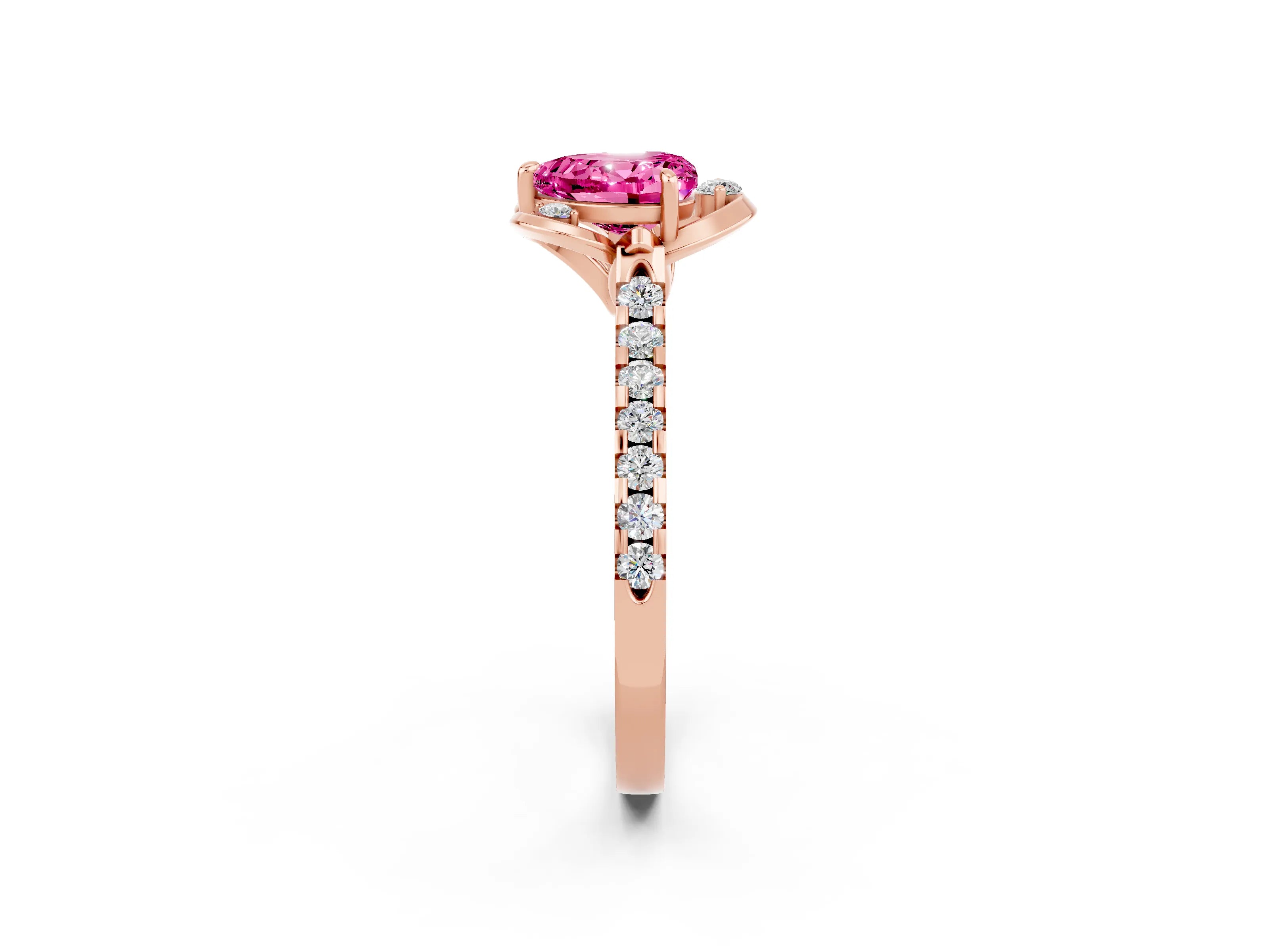 Rose gold Heart Cut Pink Sapphire Ring with Pavé Band and Floral Prong Setting_2