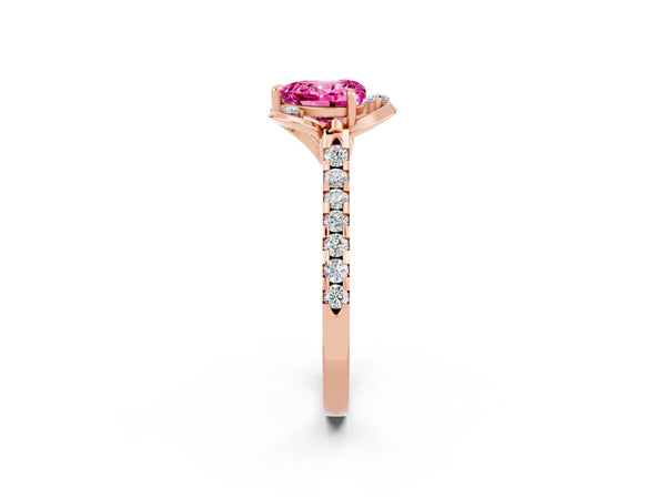 Rose gold Heart Cut Pink Sapphire Ring with Pavé Band and Floral Prong Setting