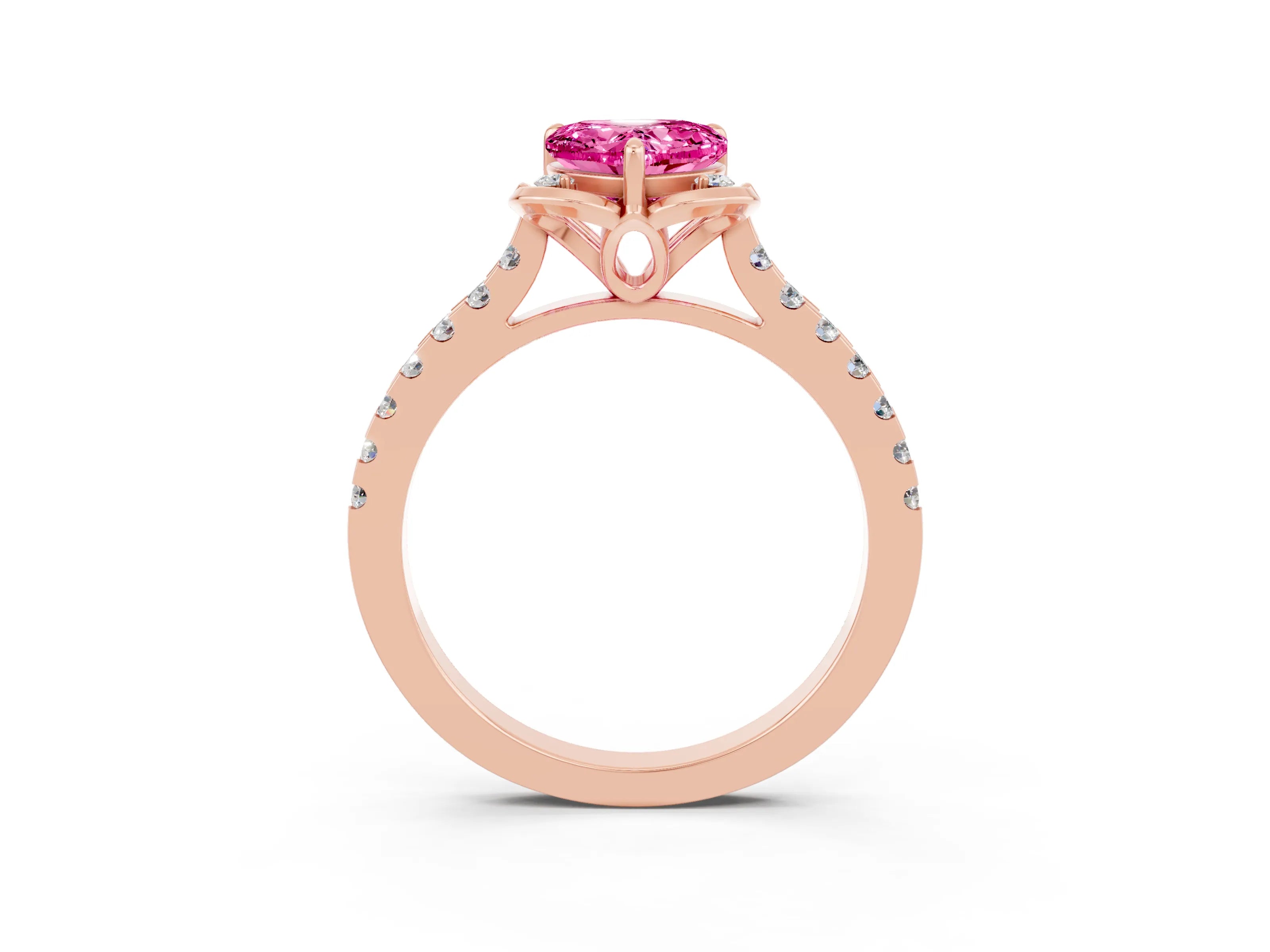 Rose gold Heart Cut Pink Sapphire Ring with Pavé Band and Floral Prong Setting_3