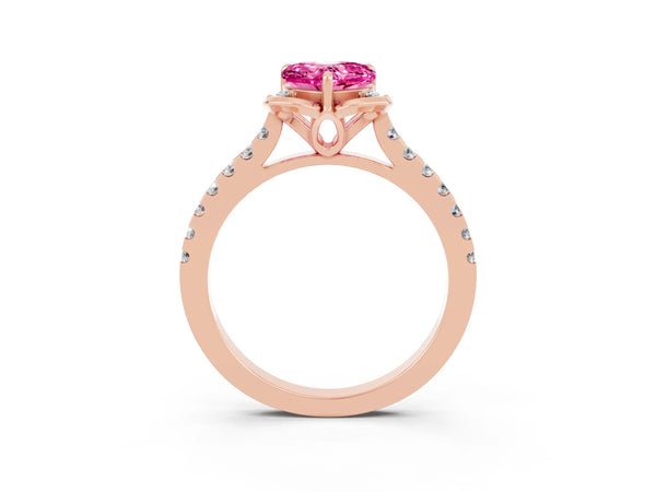 Rose gold Heart Cut Pink Sapphire Ring with Pavé Band and Floral Prong Setting