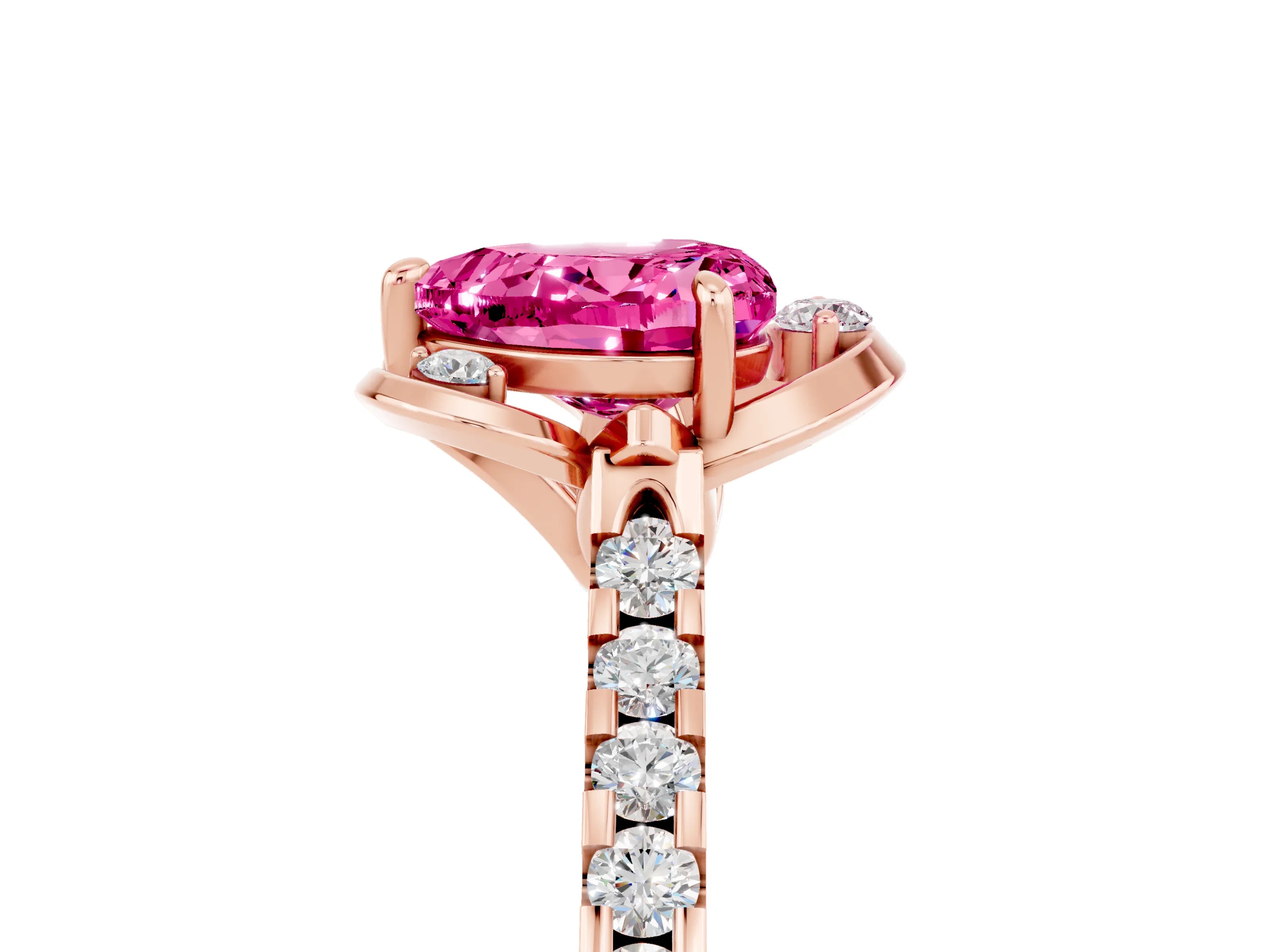 Rose gold Heart Cut Pink Sapphire Ring with Pavé Band and Floral Prong Setting_5