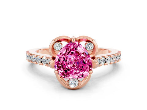 Rose gold Heart Cut Pink Sapphire Ring with Pavé Band and Floral Prong Setting