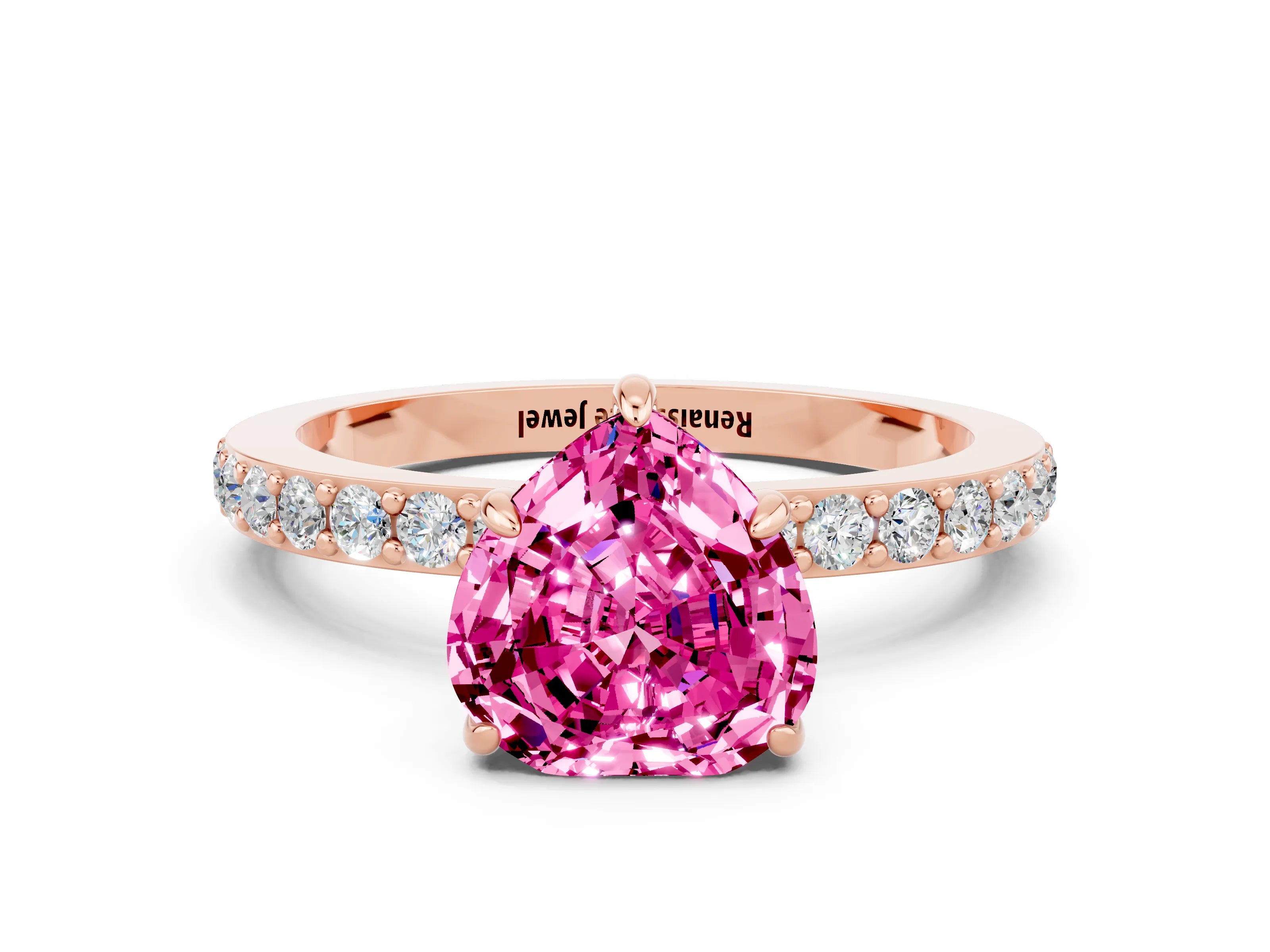 Rose gold Heart Cut Pink Sapphire Ring with Pavé Band and Four-Prong Setting_24