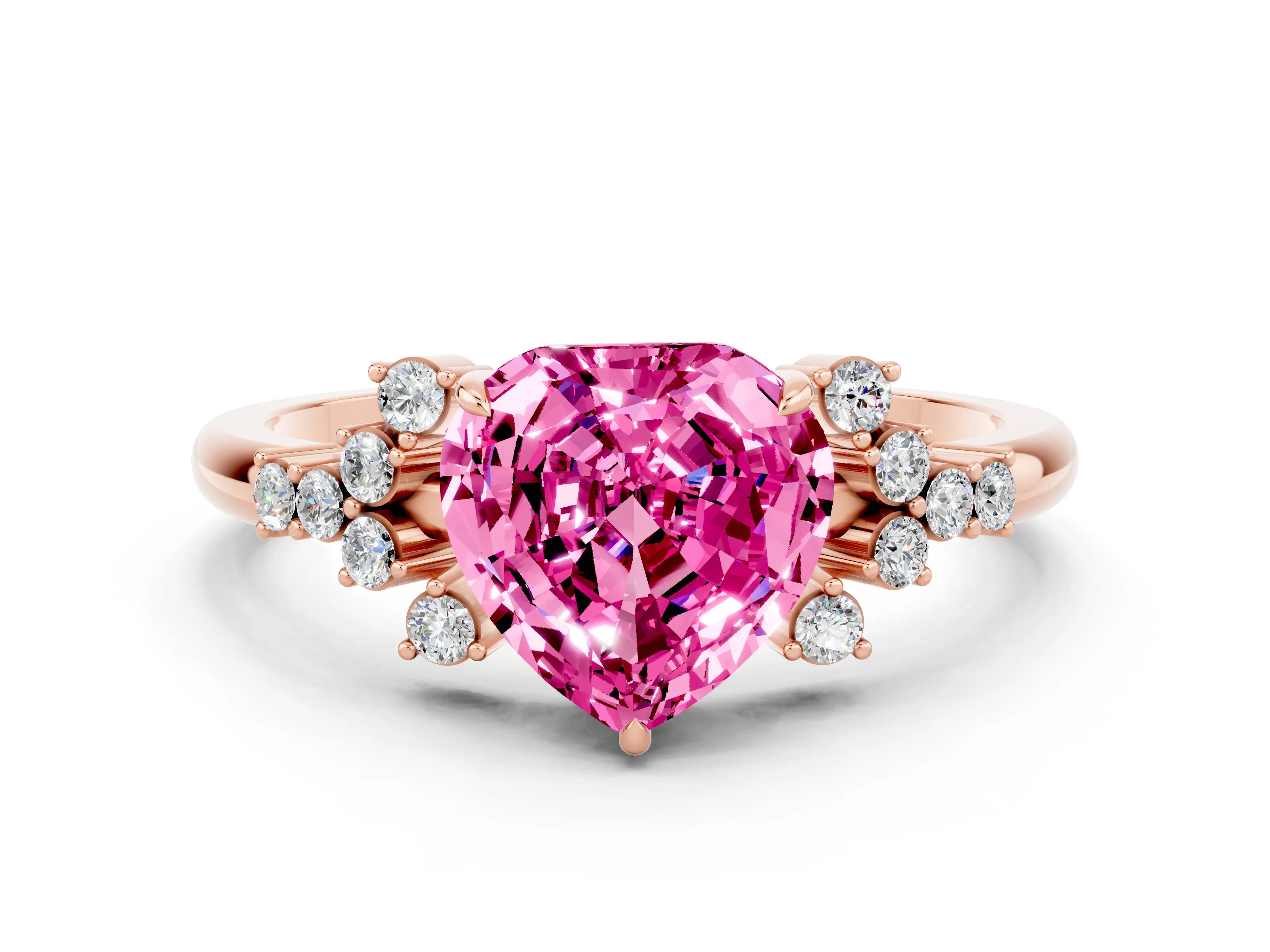 Rose gold Heart Cut Pink Sapphire Ring with Side Stones and Four-Prong Setting_60