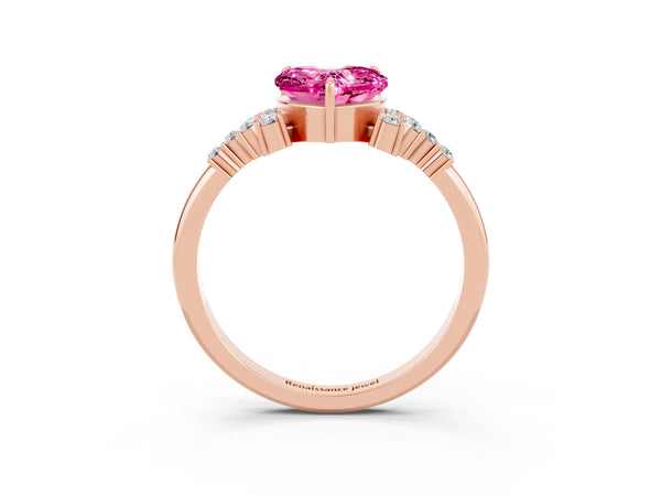 Rose gold Heart Cut Pink Sapphire Ring with Side Stones and Four-Prong Setting