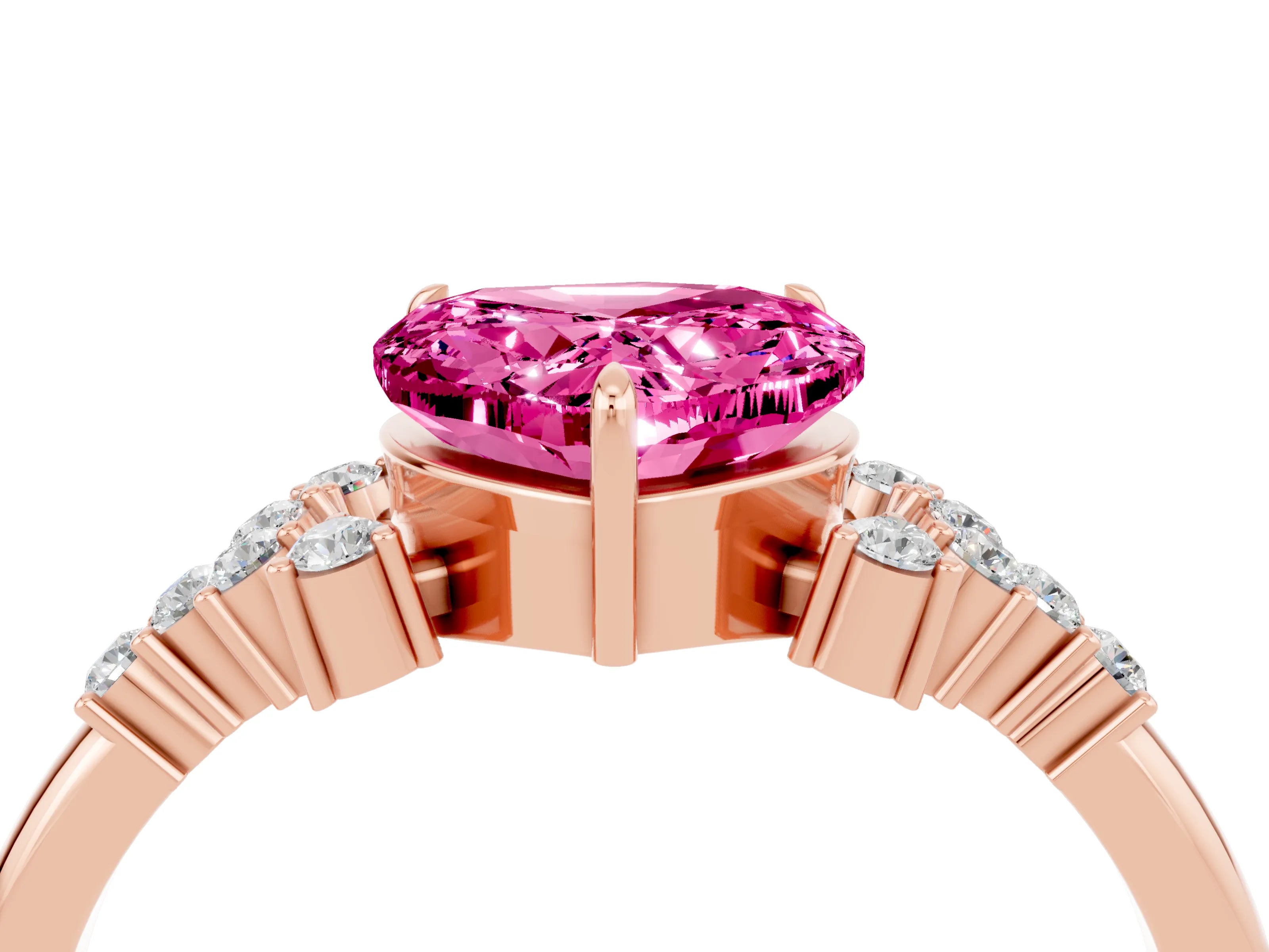 Rose gold Heart Cut Pink Sapphire Ring with Side Stones and Four-Prong Setting_64