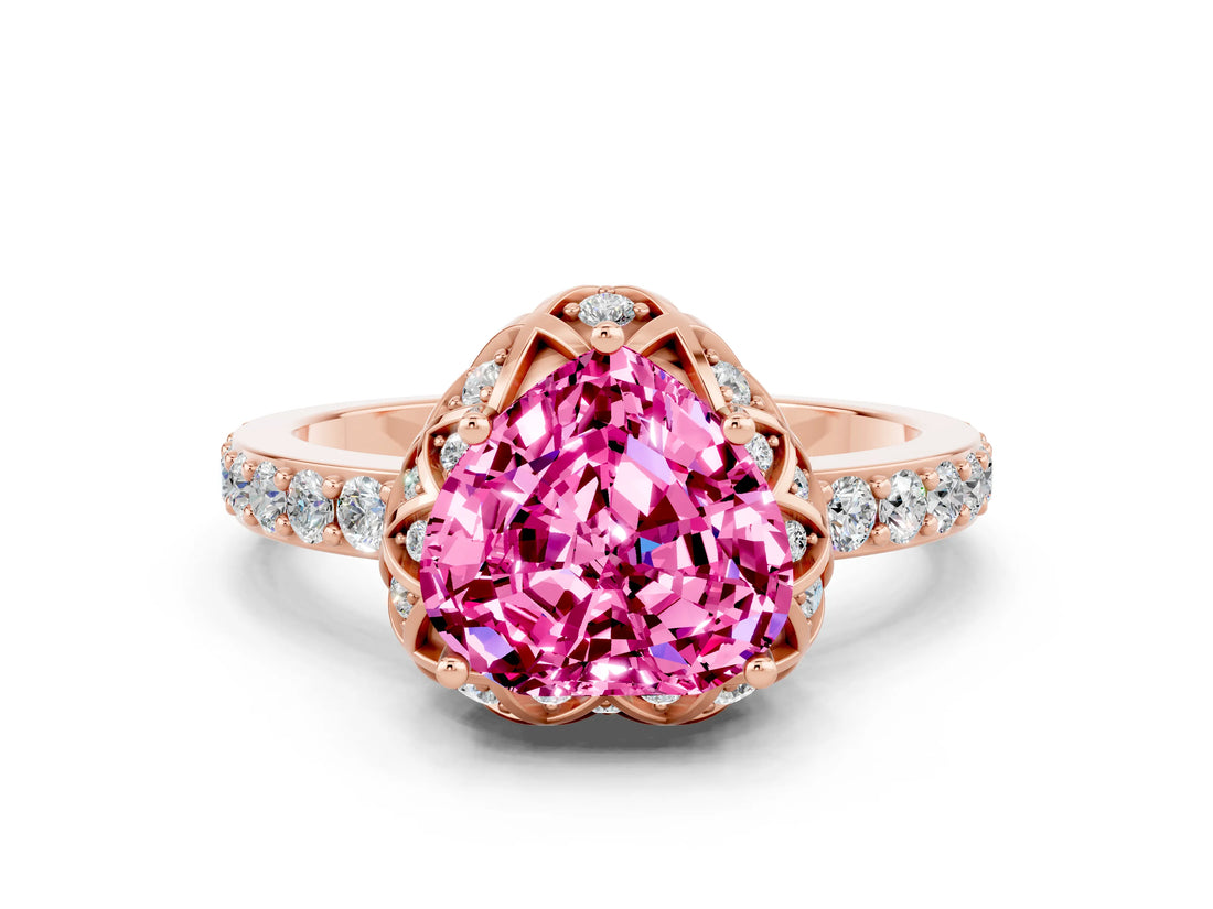 Rose gold Heart Cut Pink Sapphire Scalloped Halo Engagement Ring with Round Shared Prong Band_24