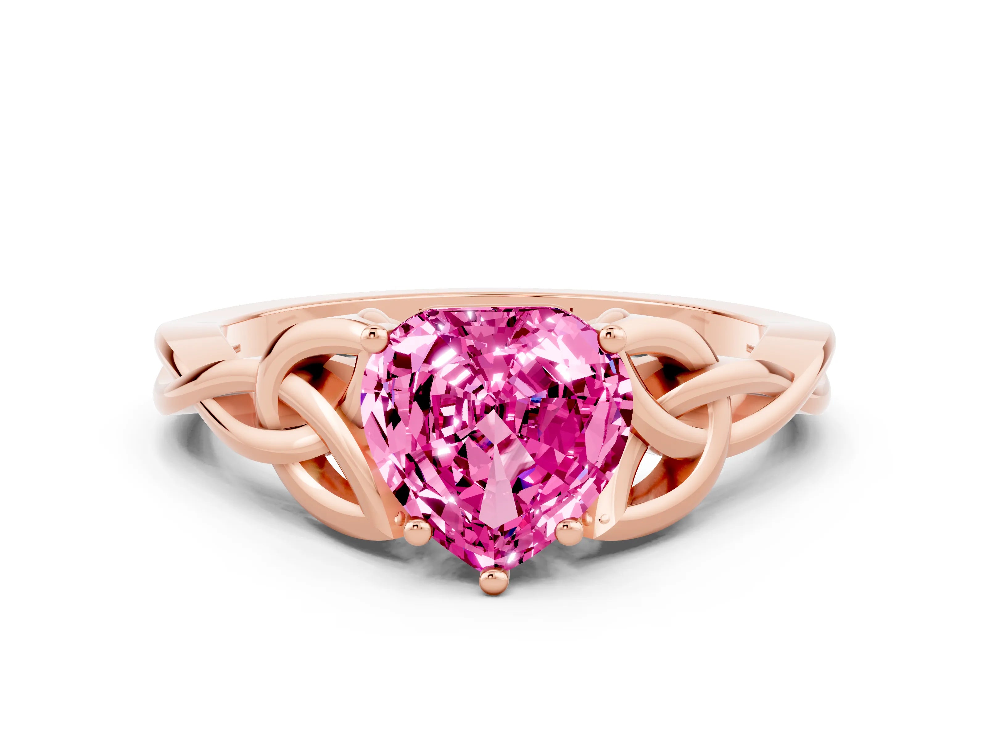 Rose gold Heart Cut Pink Sapphire Solitaire Celtic Knot Ring with Four-Prong Setting_36