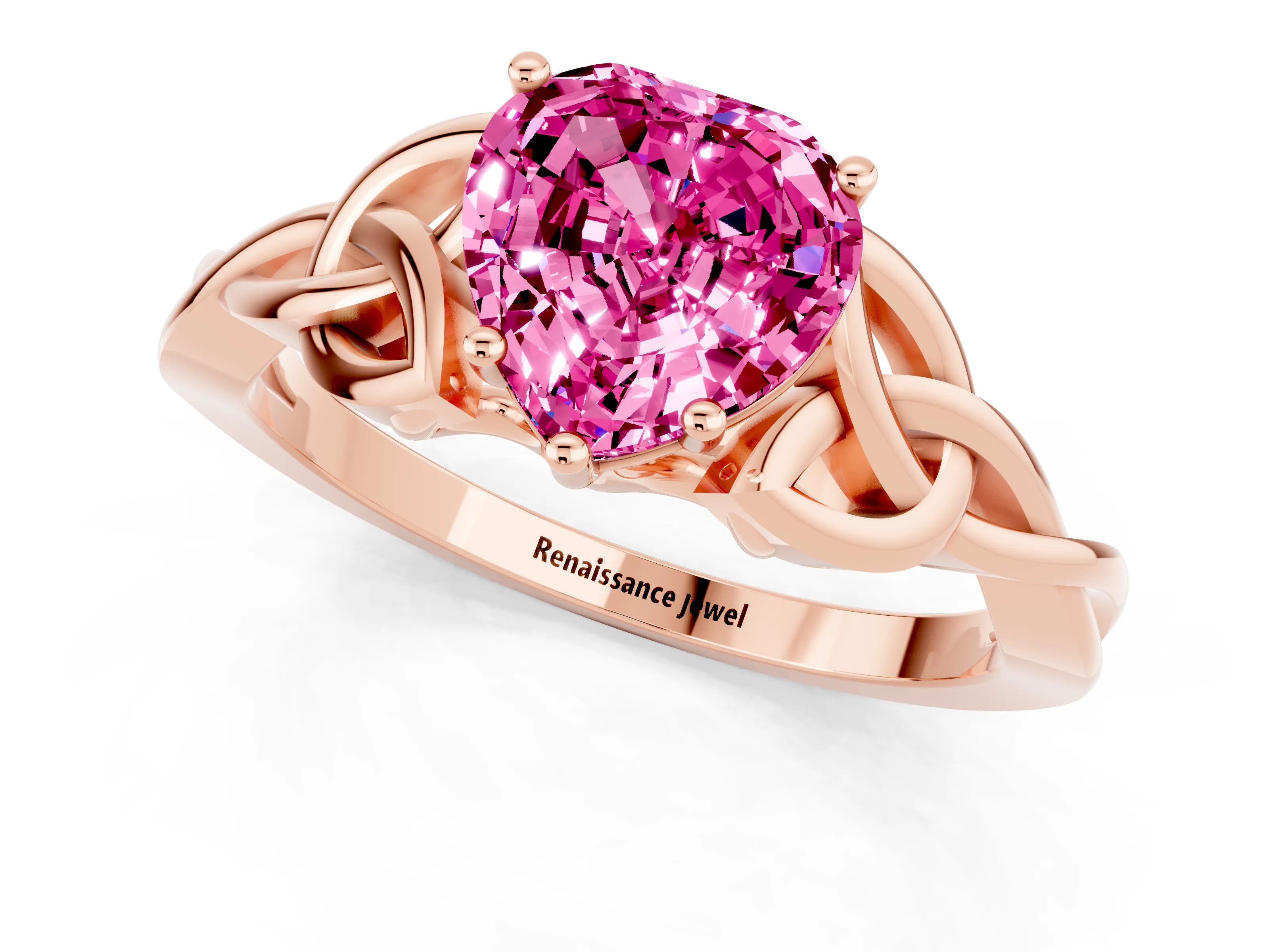 Rose gold Heart Cut Pink Sapphire Solitaire Celtic Knot Ring with Four-Prong Setting_37