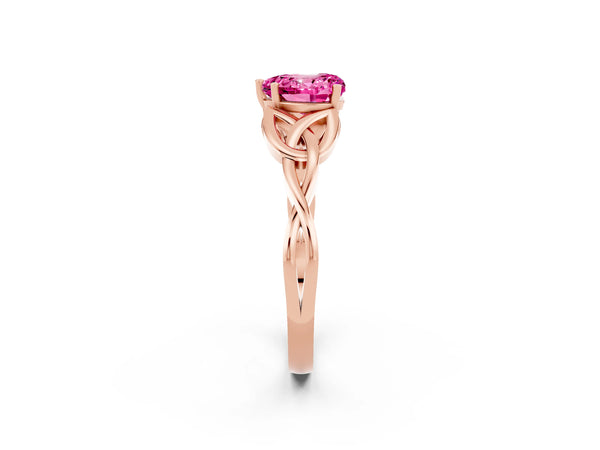 Rose gold Heart Cut Pink Sapphire Solitaire Engagement Ring with Celtic Knot Band and Four-Prong Setting