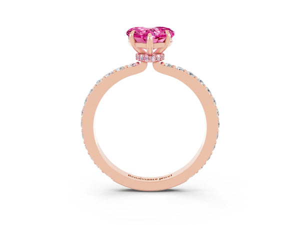 Rose gold Heart Cut Pink Sapphire Solitaire Engagement Ring with Pavé Band and Four-Prong Setting