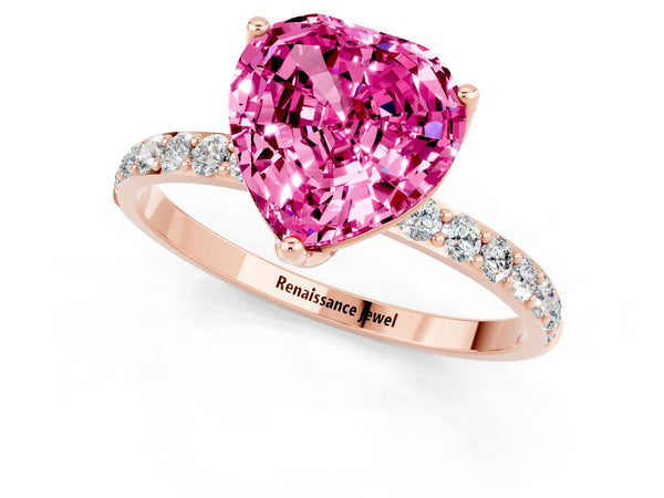 Rose gold Heart Cut Pink Sapphire Solitaire Engagement Ring with Round  Pavé Band and Prong Setting