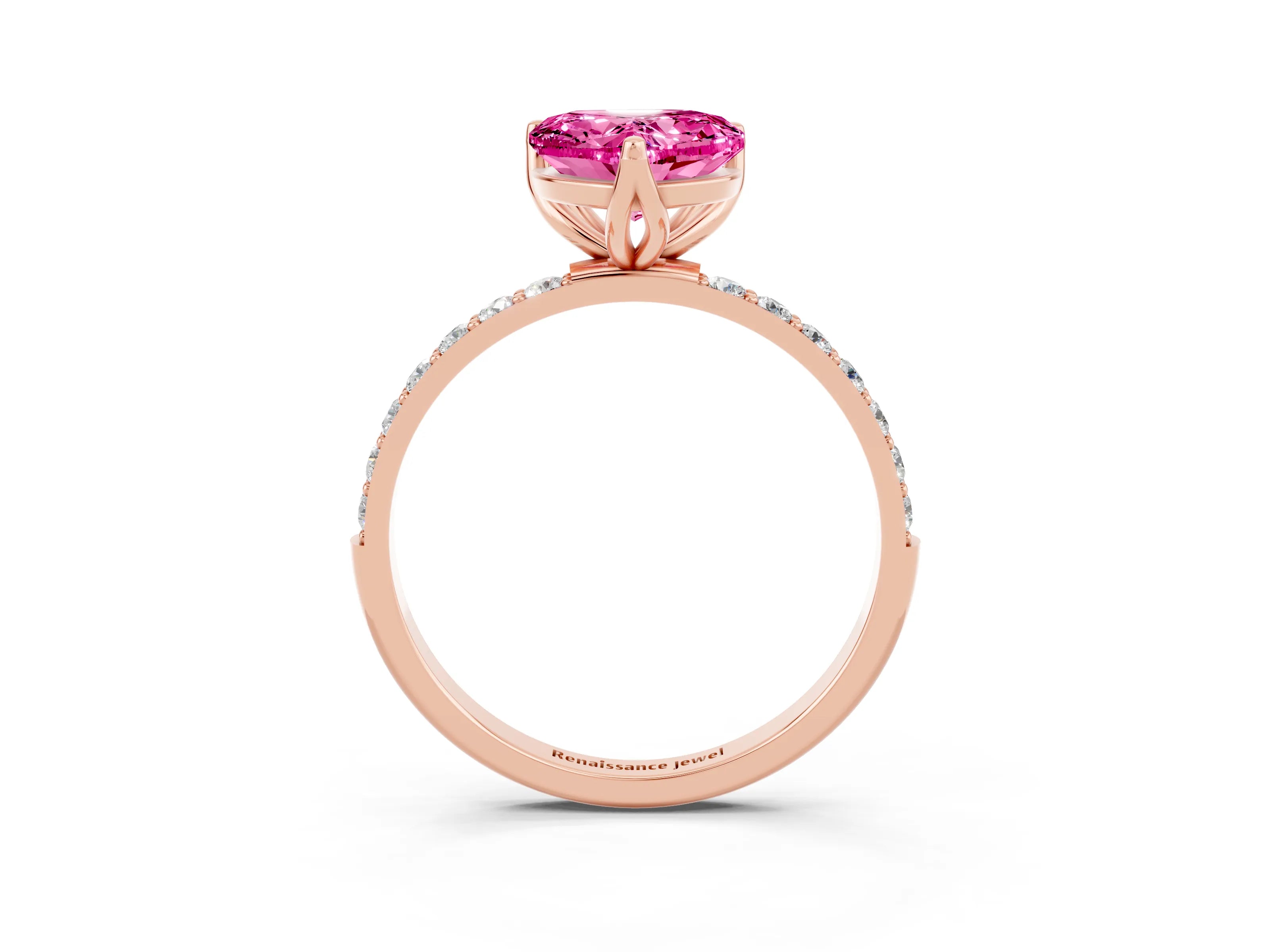 Rose gold Heart Cut Pink Sapphire Solitaire Engagement Ring with Pavé Band and Prong Setting_3