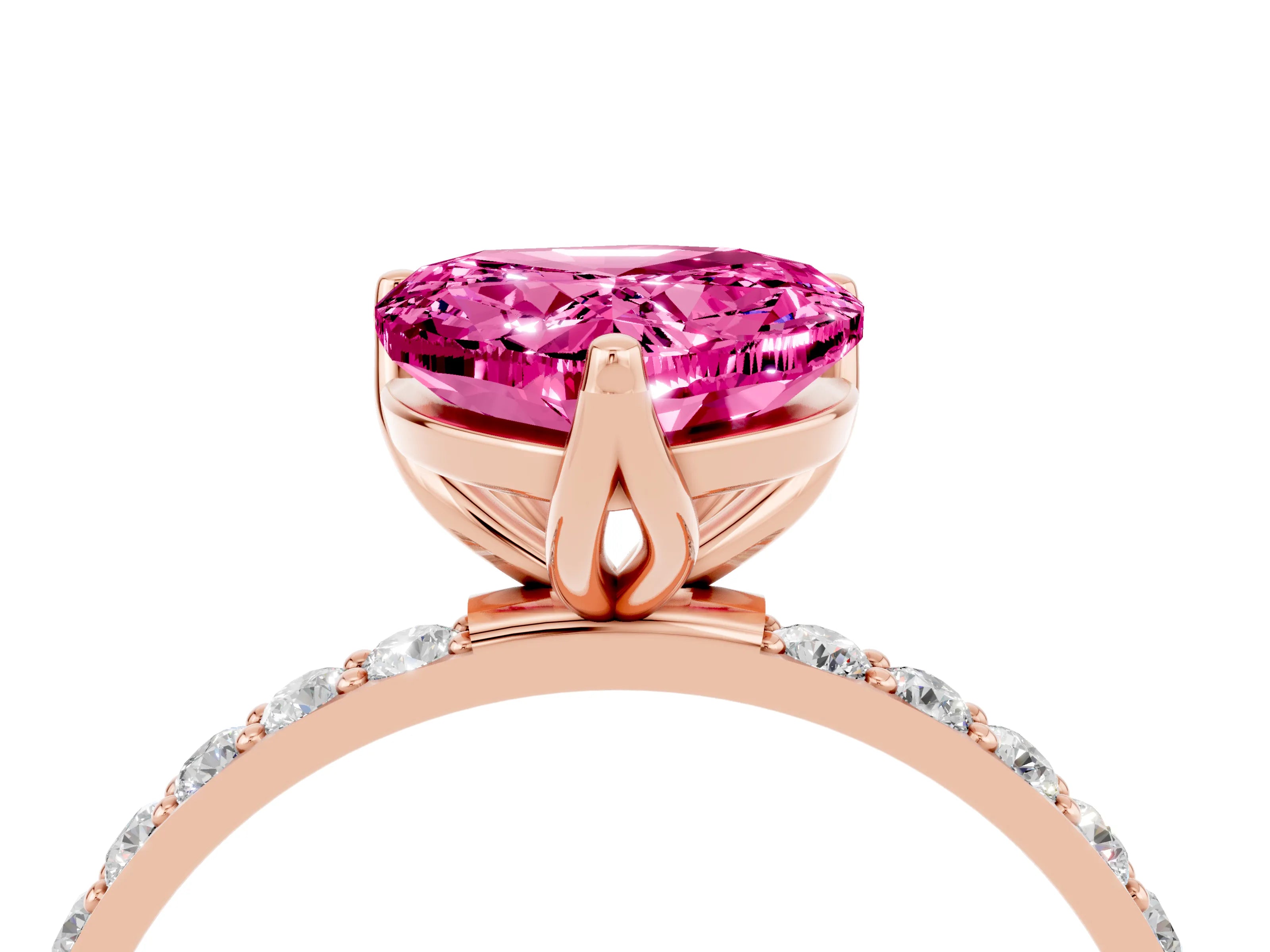 Rose gold Heart Cut Pink Sapphire Solitaire Engagement Ring with Pavé Band and Prong Setting_4
