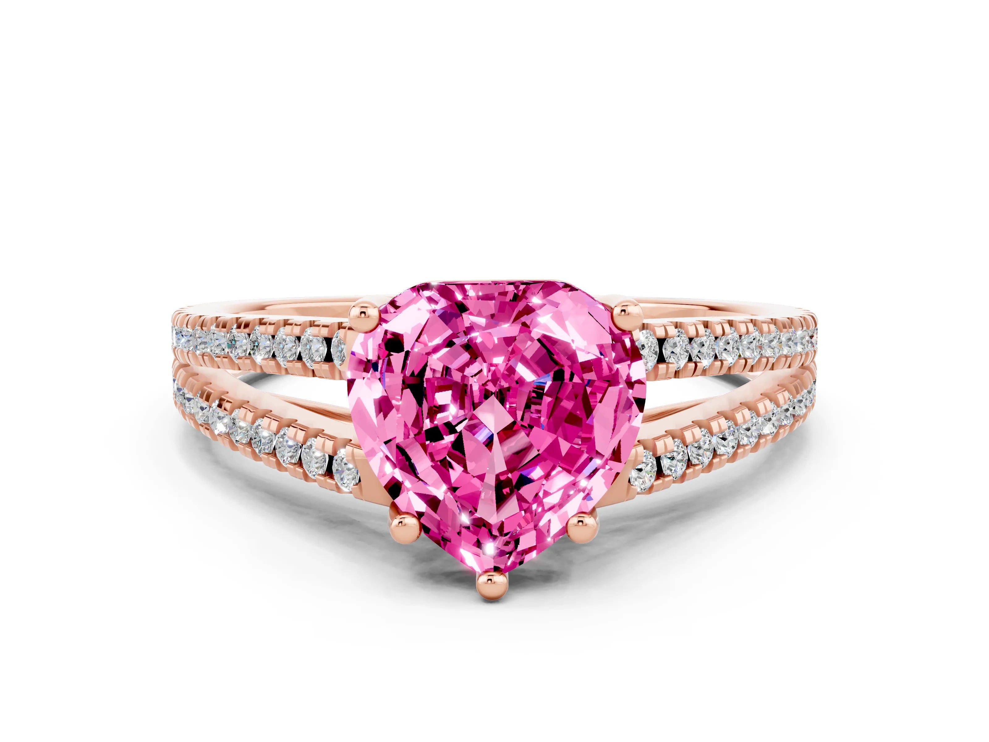 Rose gold Heart Cut Pink Sapphire Solitaire Engagement Ring with Split Shank Pavé Band_12