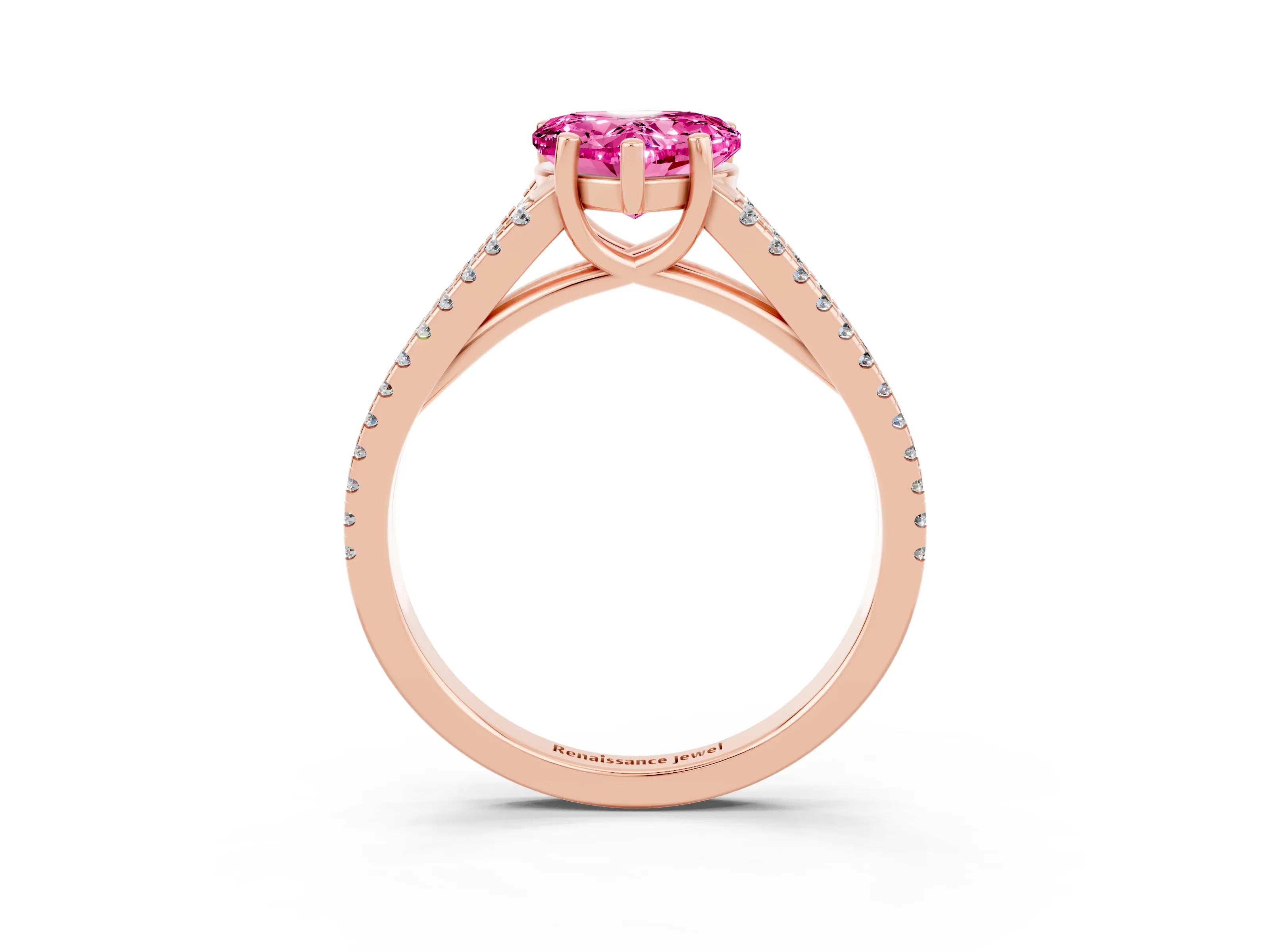 Rose gold Heart Cut Pink Sapphire Solitaire Engagement Ring with Split Shank Pavé Band_15