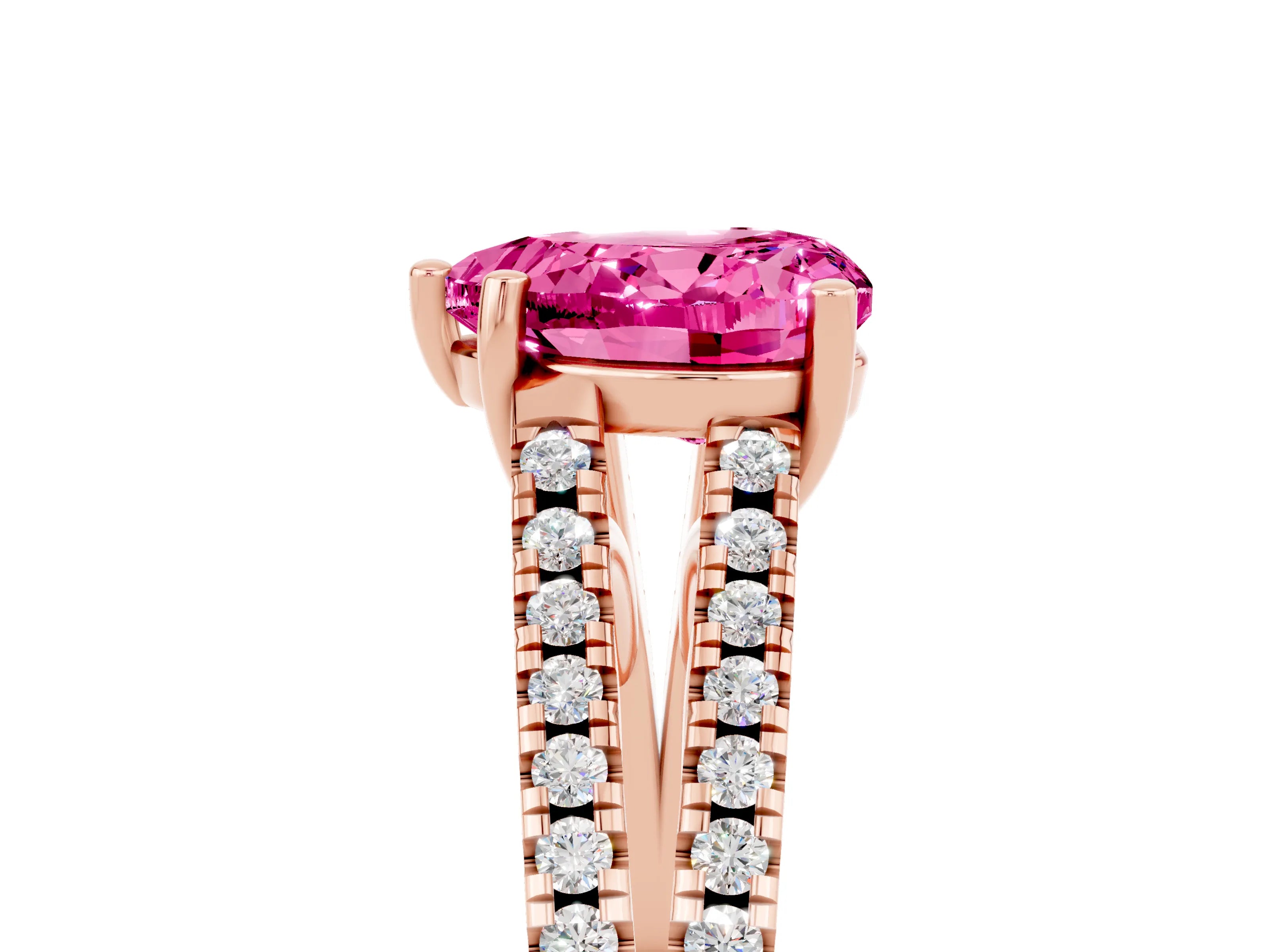 Rose gold Heart Cut Pink Sapphire Solitaire Engagement Ring with Split Shank Pavé Band_17