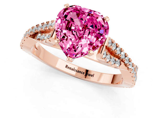 Rose gold Heart Cut Pink Sapphire Solitaire Engagement Ring with Twisted Pavé Band and Four-Prong Setting