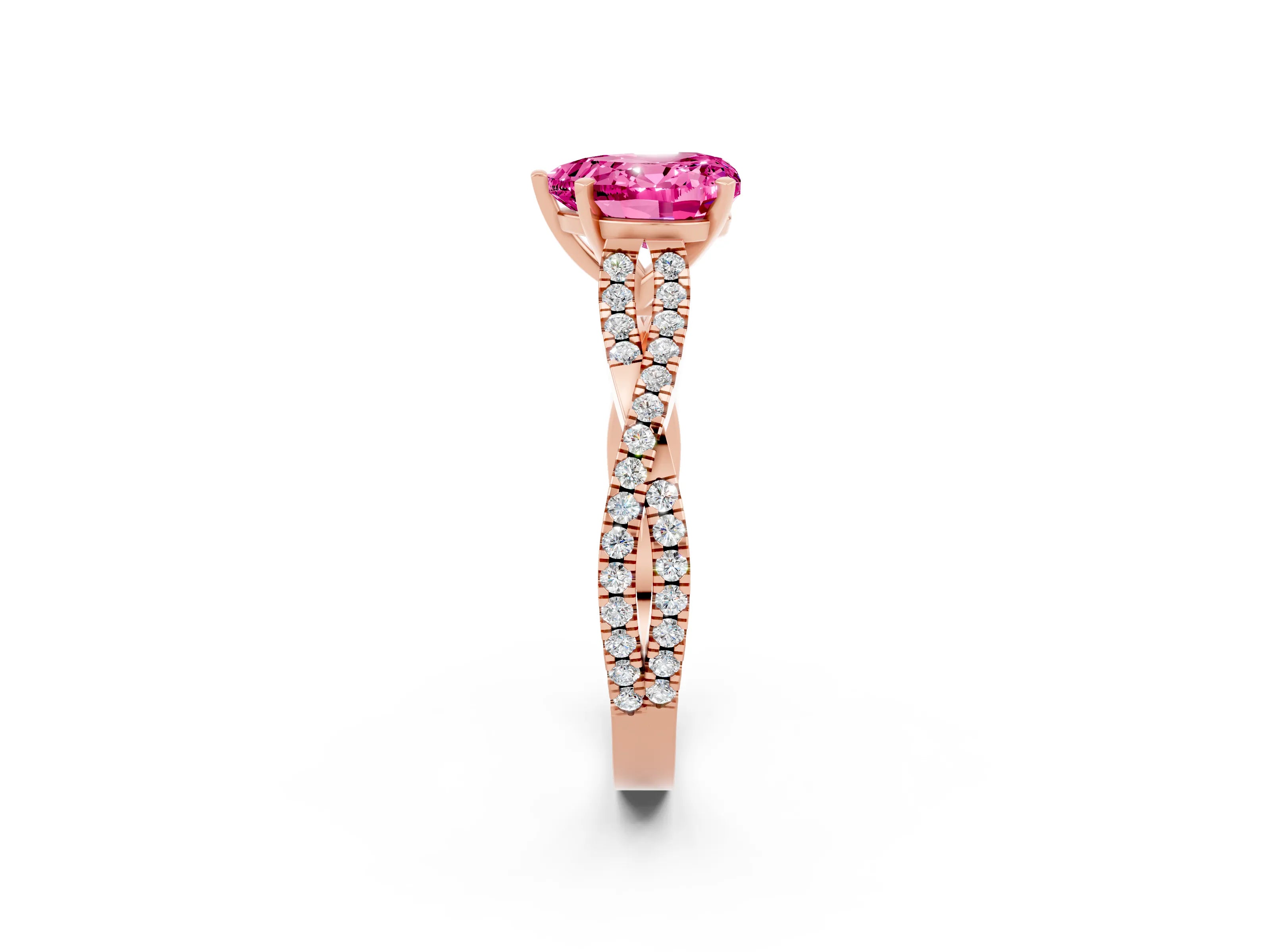 Rose gold Heart Cut Pink Sapphire Solitaire Engagement Ring with Twisted Pavé Band and Four-Prong Setting_26